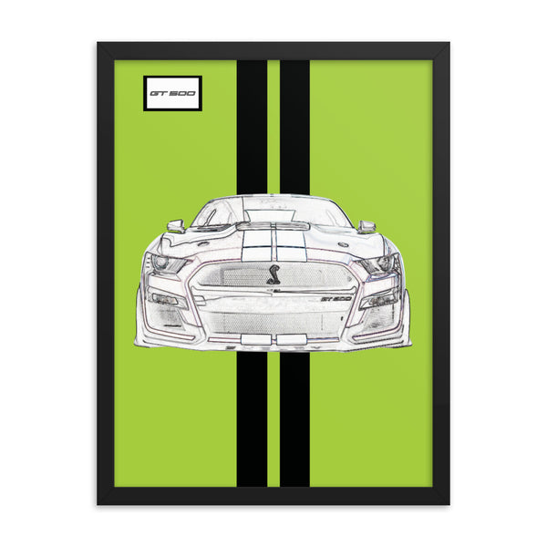 Grabber Lime Shelby GT500 Bright White Racing Stripe Framed Print