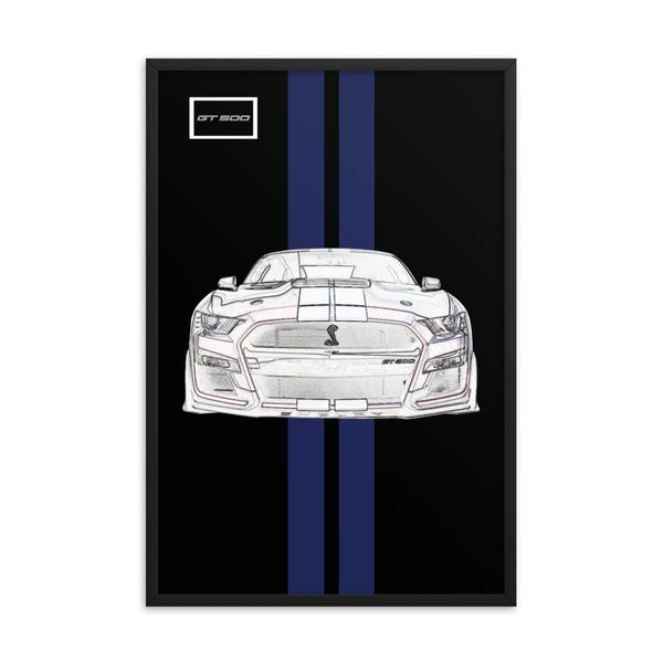 Shadow Black Shelby GT500 Kona Blue Racing Stripe Framed Print