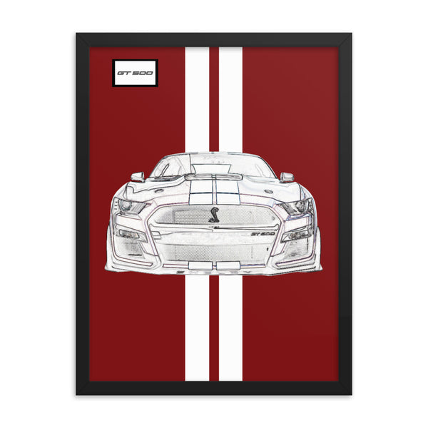 Rapid Red Shelby GT500 Bright White Racing Stripe Framed Print