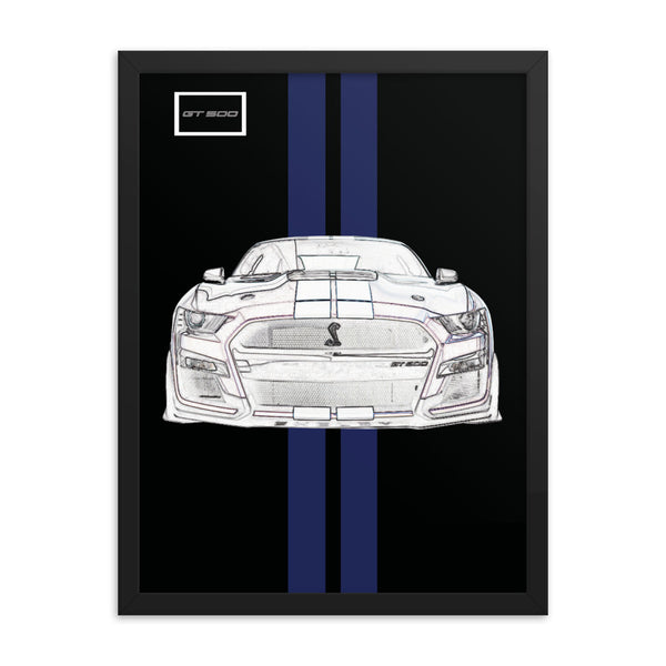 Shadow Black Shelby GT500 Kona Blue Racing Stripe Framed Print